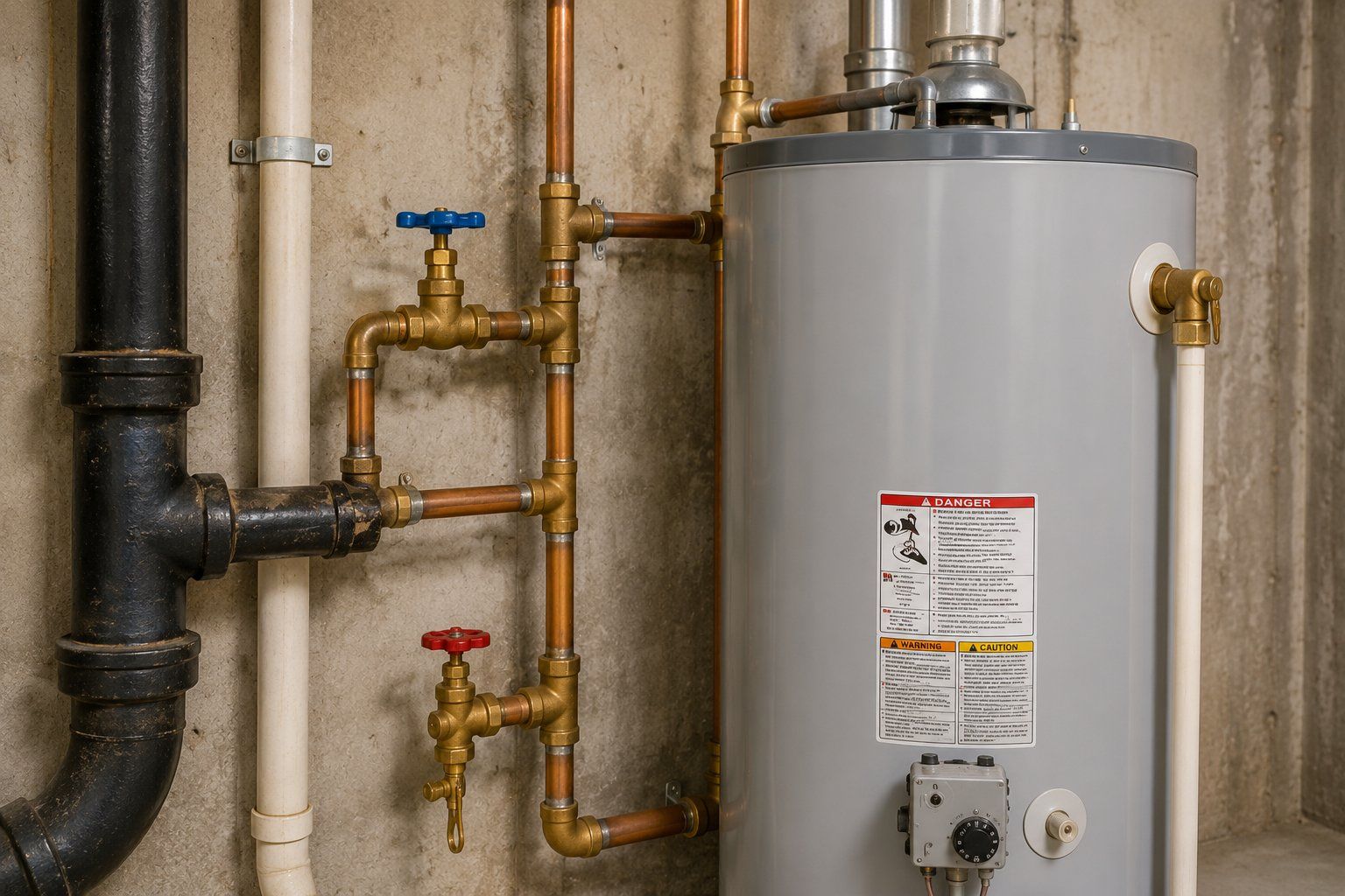Residential water heater and plumbing pipes evaluated during a 4-point home inspection.