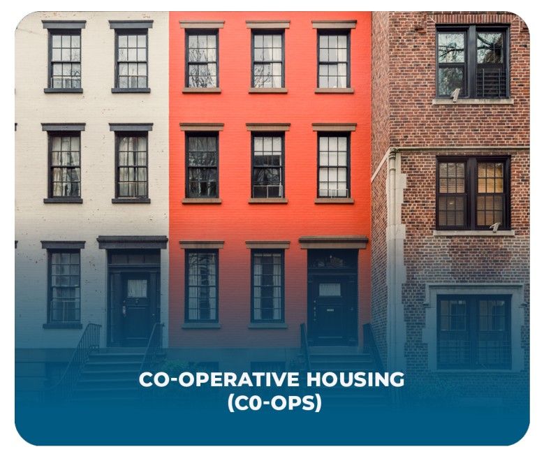 Co-operative Housing (Co-ops) building with colorful facade, multiple windows, and urban community layout for shared ownership