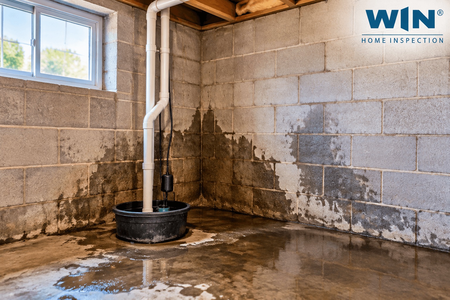 Basement moisture and drainage inspection showing water stains, damp foundation walls, and sump pump system in a New Baltimore, MI home.