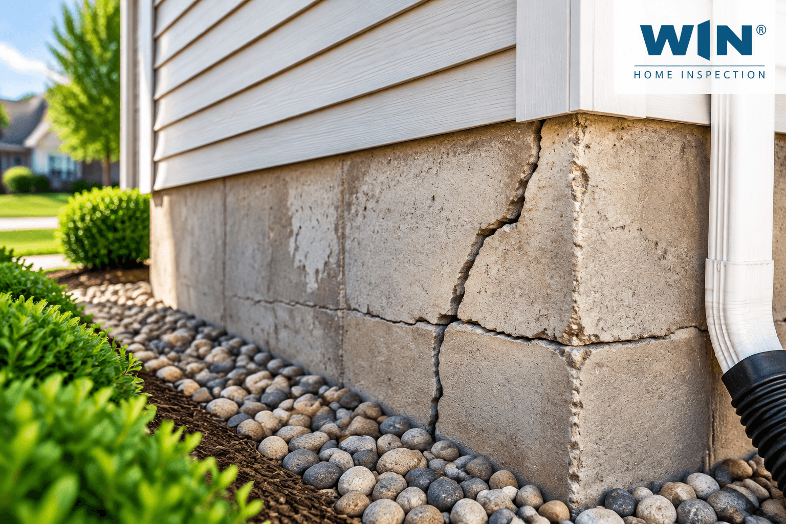 Foundation inspection showing cracks in a residential concrete foundation wall and drainage features in a New Baltimore, MI home.
