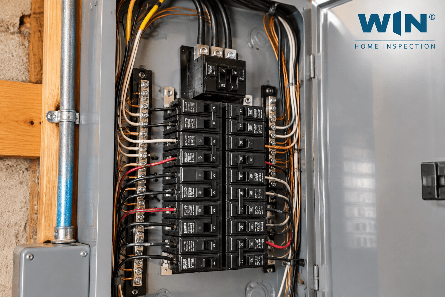 Electrical system inspection showing an open breaker panel with circuit breakers and wiring in a New Baltimore, MI home.