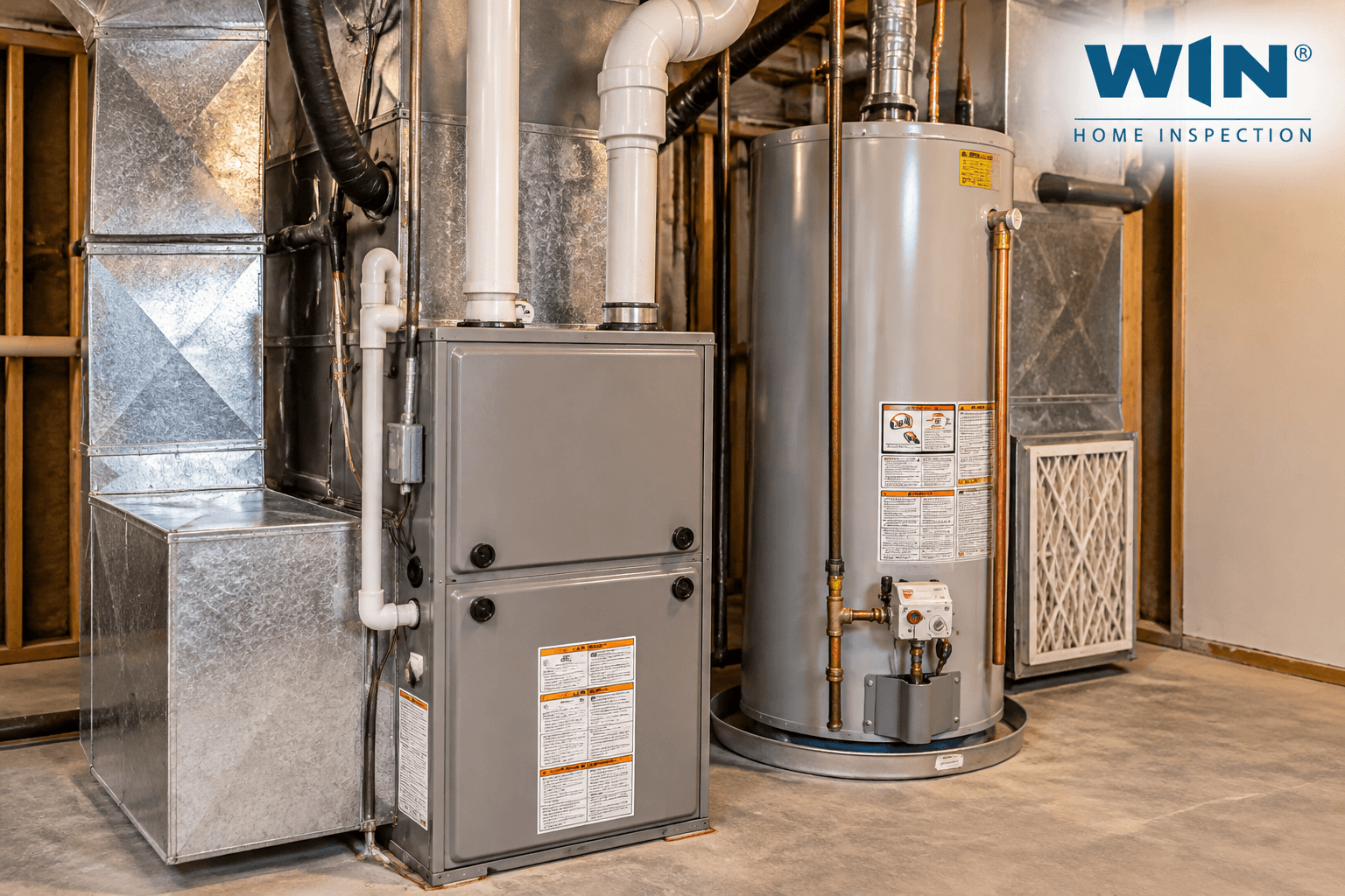 Furnace, water heater, and HVAC system inspection showing heating equipment and ductwork in a New Baltimore, MI home.