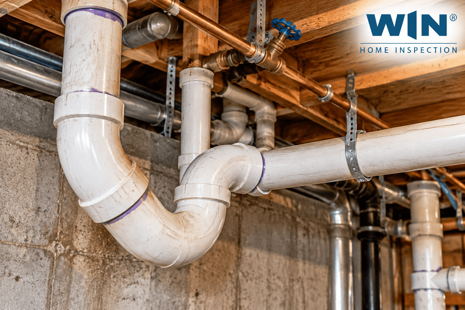 Sewer line and plumbing inspection showing exposed drain pipes, PVC fittings, and copper plumbing connections in a New Baltimore, MI home.