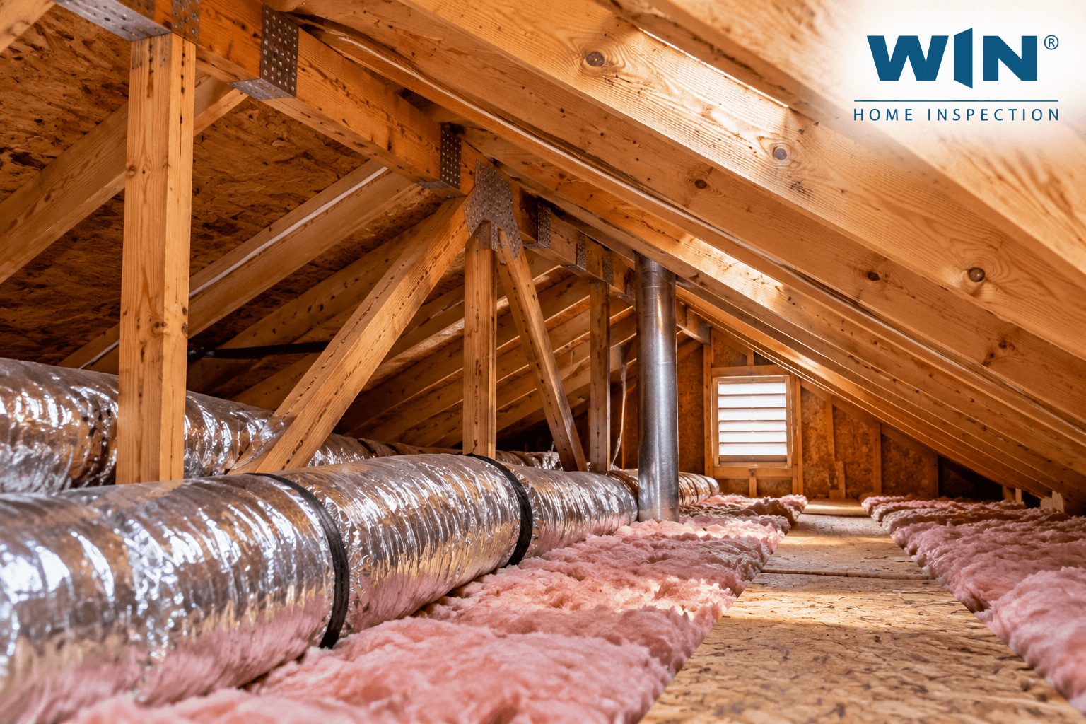 Roof and attic inspection showing attic insulation, wooden roof trusses, ventilation, and HVAC ductwork in a New Baltimore, MI home.