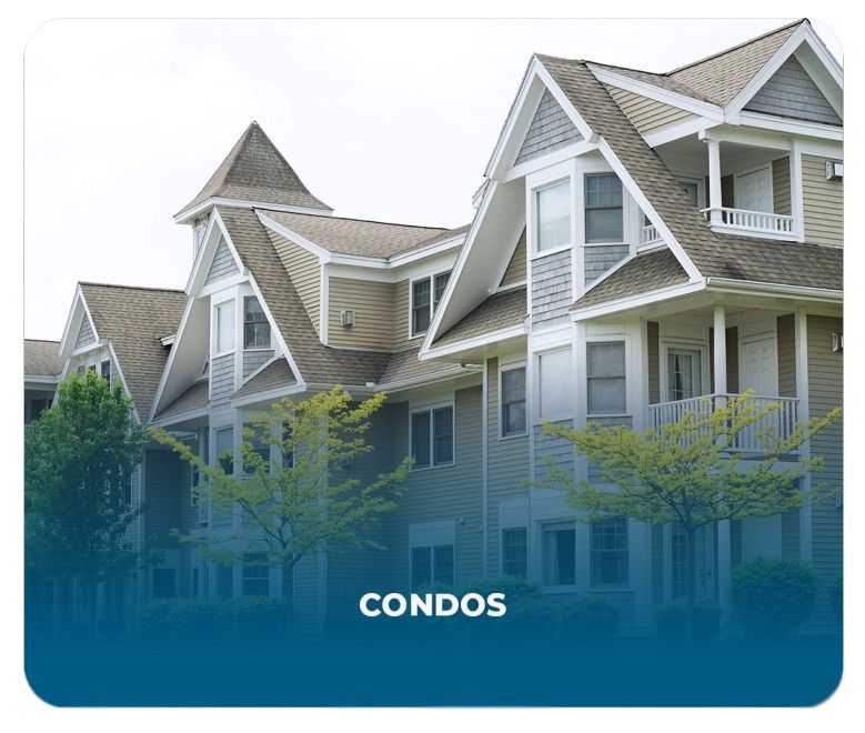 Modern Condo complex with multiple units, landscaped surroundings, and large windows, ideal for low-maintenance urban living.