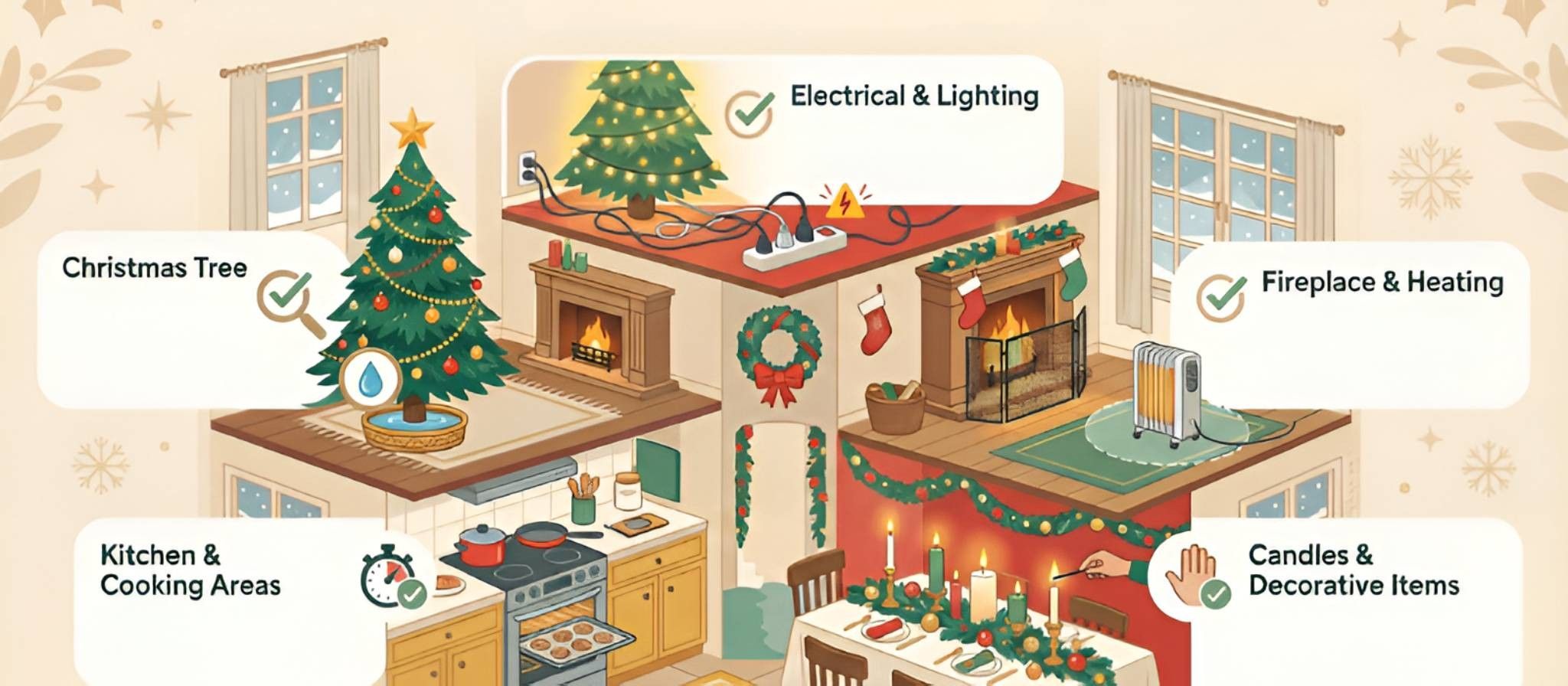 Fire safety checklist outlining essential tips for preventing fires during the festive season.