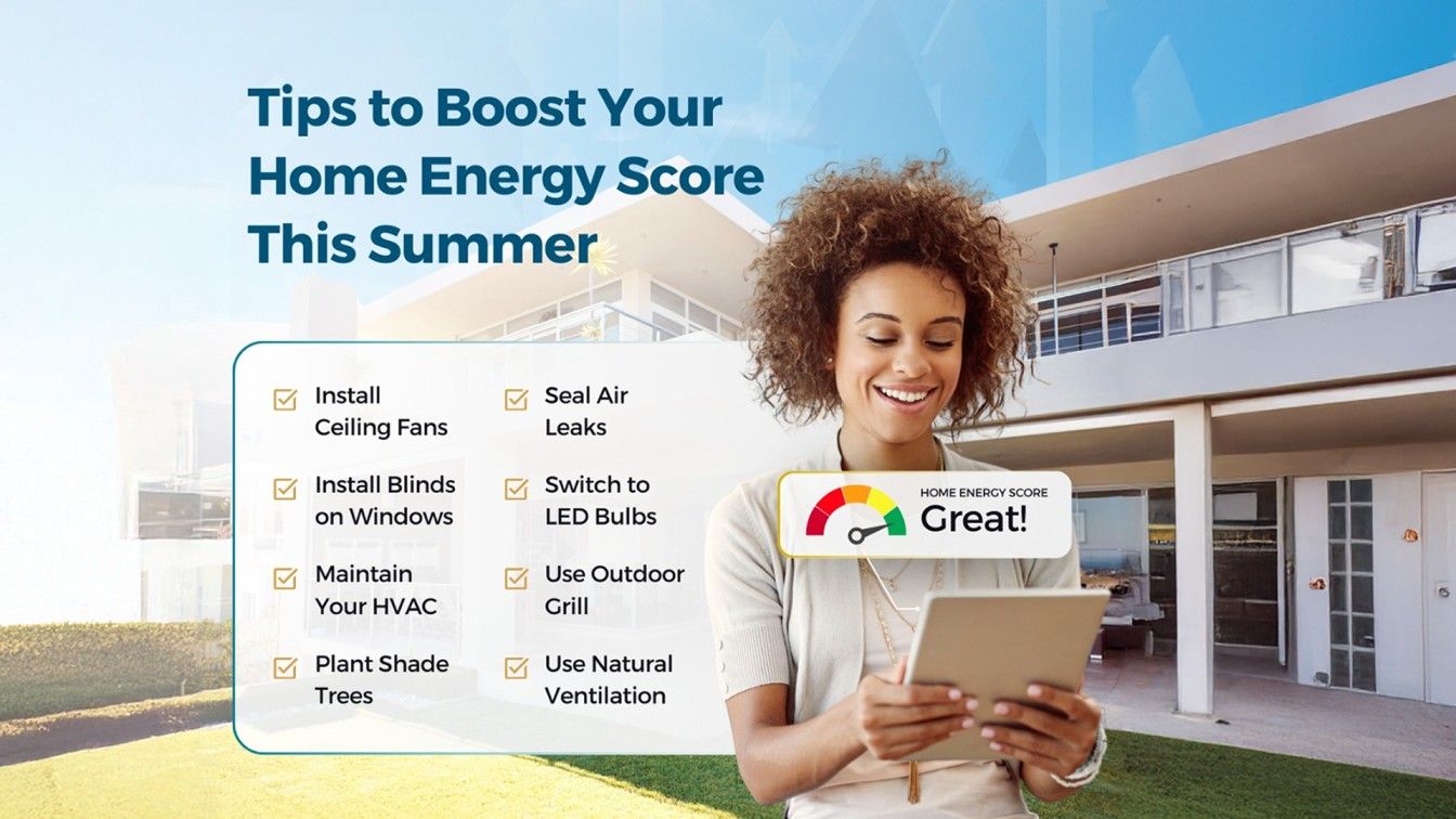 Homeowner using a tablet in front of a modern house with tips for improving a home energy score through HVAC maintenance, LED lighting, air sealing, and natural ventilation.