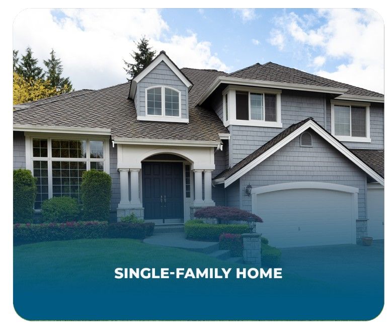 Single-family Home with grey exterior, sloped roof, large windows, and landscaped lawn, suitable for family living with privacy.