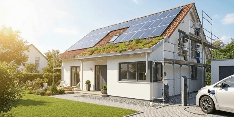 A modern house with solar panels and greenery on the roof