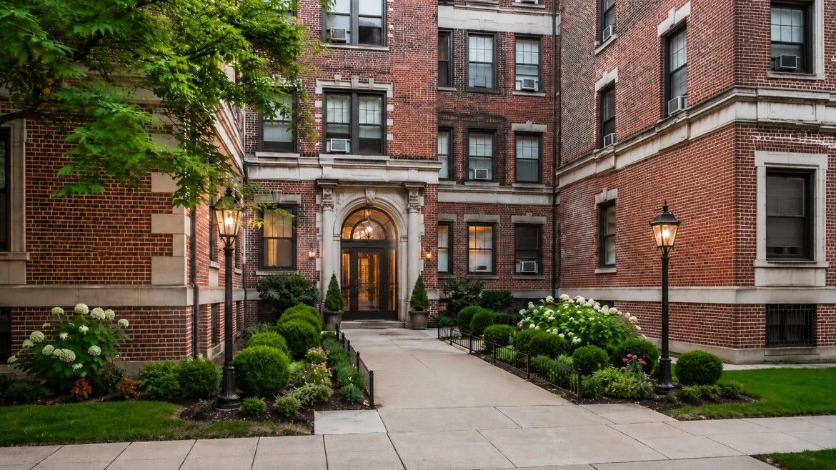 Cooperative Housing Association Apartment Building With Shared Entrance And Landscaped Common Area