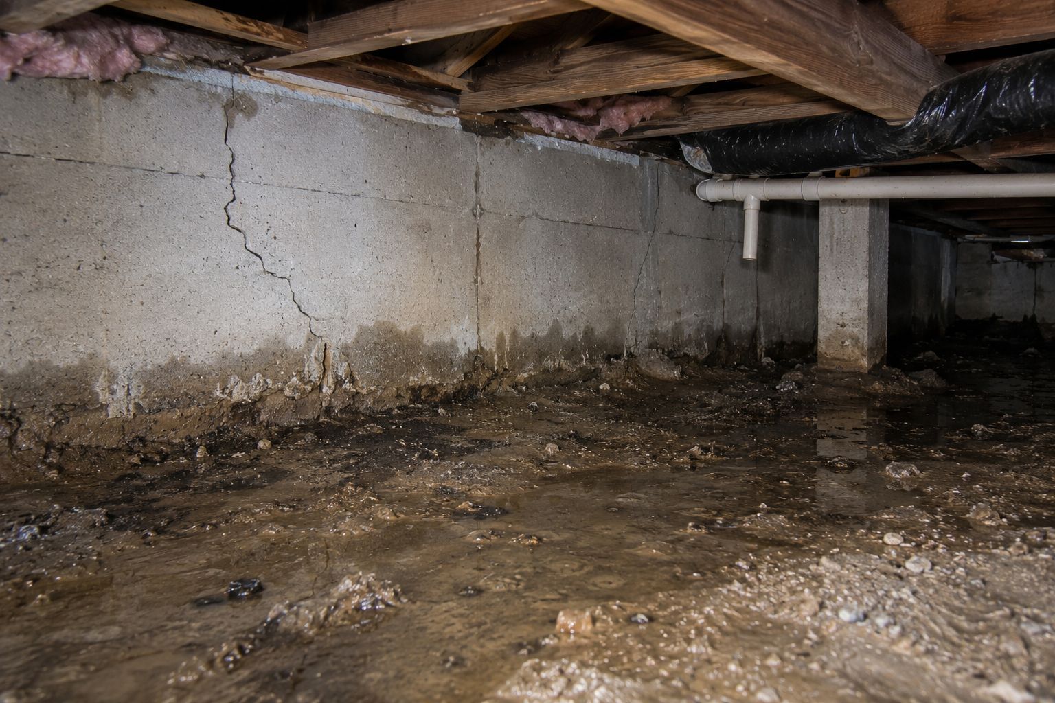 Wet crawl space with standing water and visible foundation wall cracks caused by poor drainage and saturated soil.