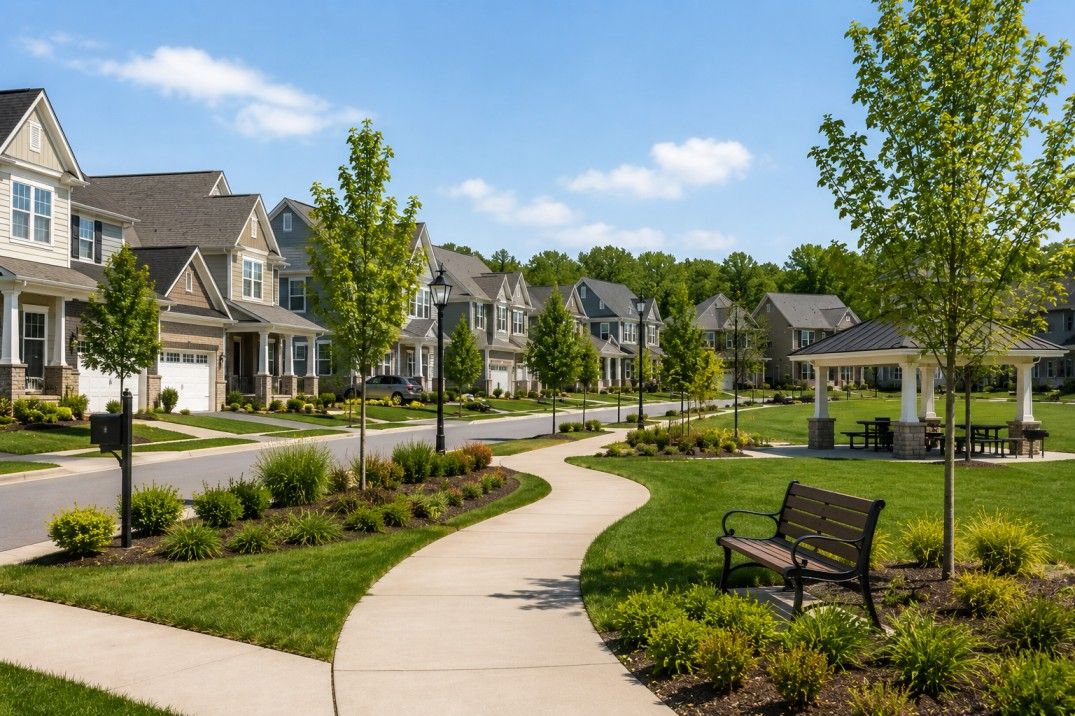 Planned Unit Development Community With Homes, Landscaped Walkways, And Shared Outdoor Amenities