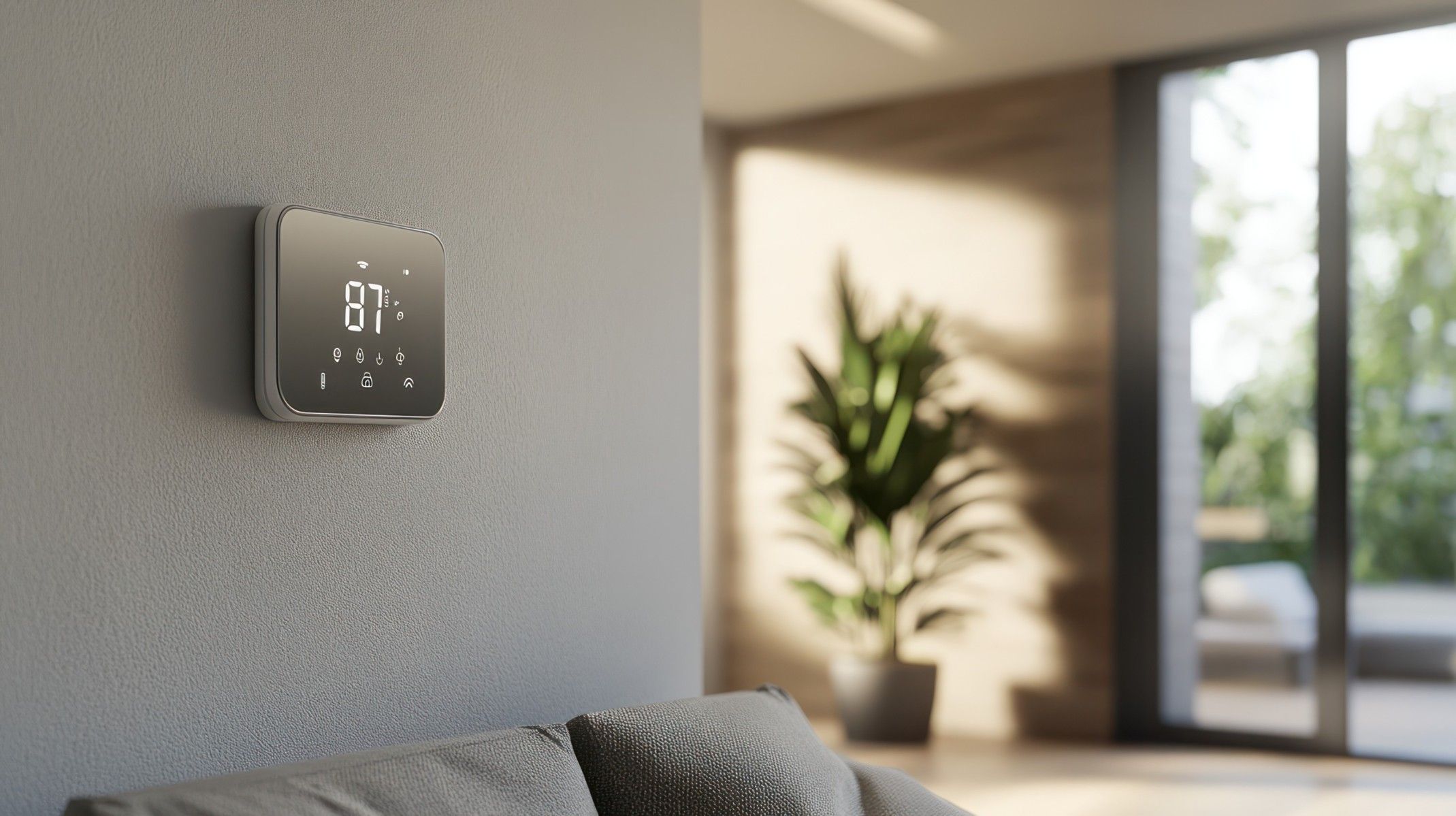 smart home thermostat mounted on a wall in a modern luxury living room.