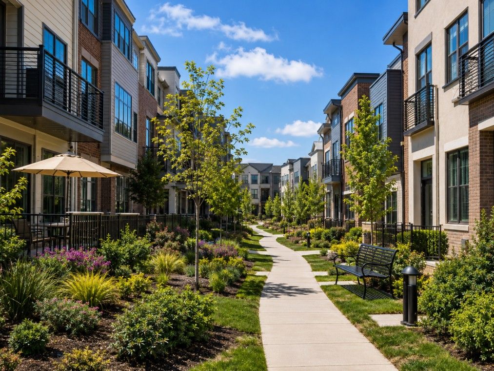 Townhome HOA Community With Attached Homes, Landscaped Walkway, And Shared Outdoor Space